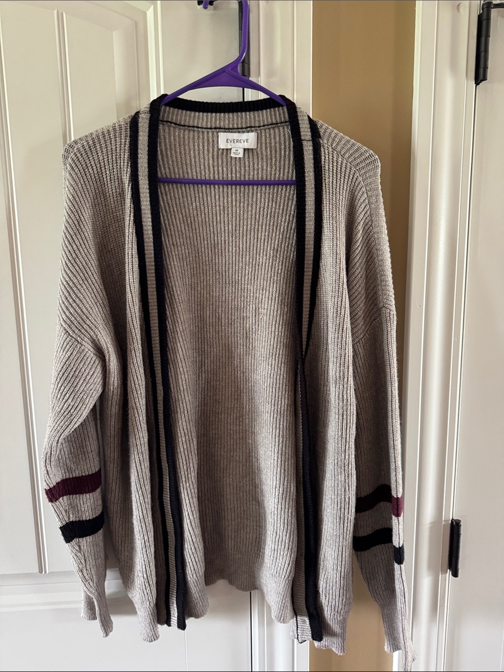 Evereve Grey Open Cardigan with Black Trim and Burgundy Stripe Accents